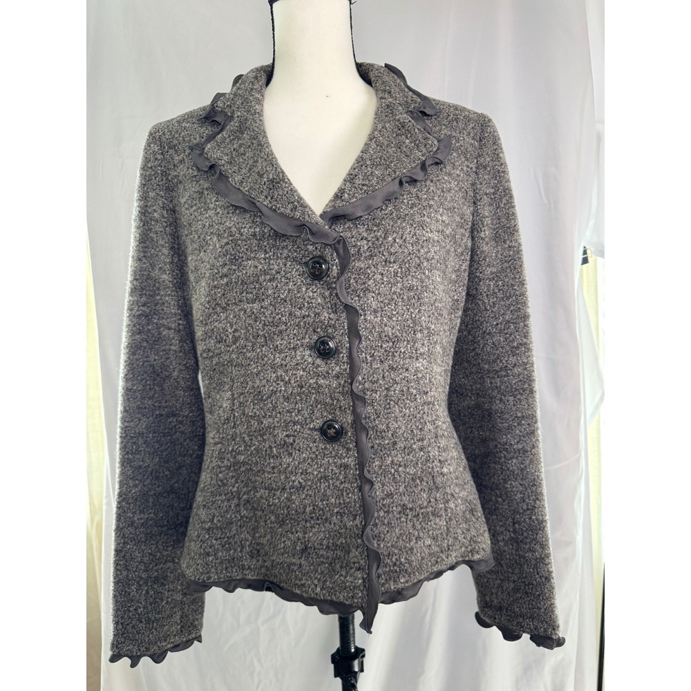 Armani Collezioni Women Gray Ruffle Trim Wool Bouclé Blazer Italy 12 Excellent